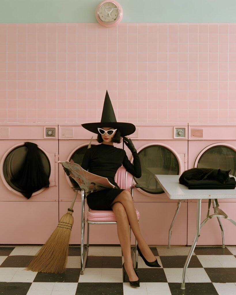 Black Was Never a Phase art print, a witch in a pink 1960s laundromat