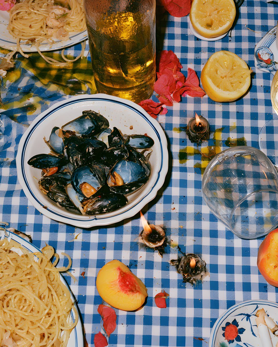 Cena d'Estate, A Tavola art print by Misprint. Cozze, limoni, one candle still going.