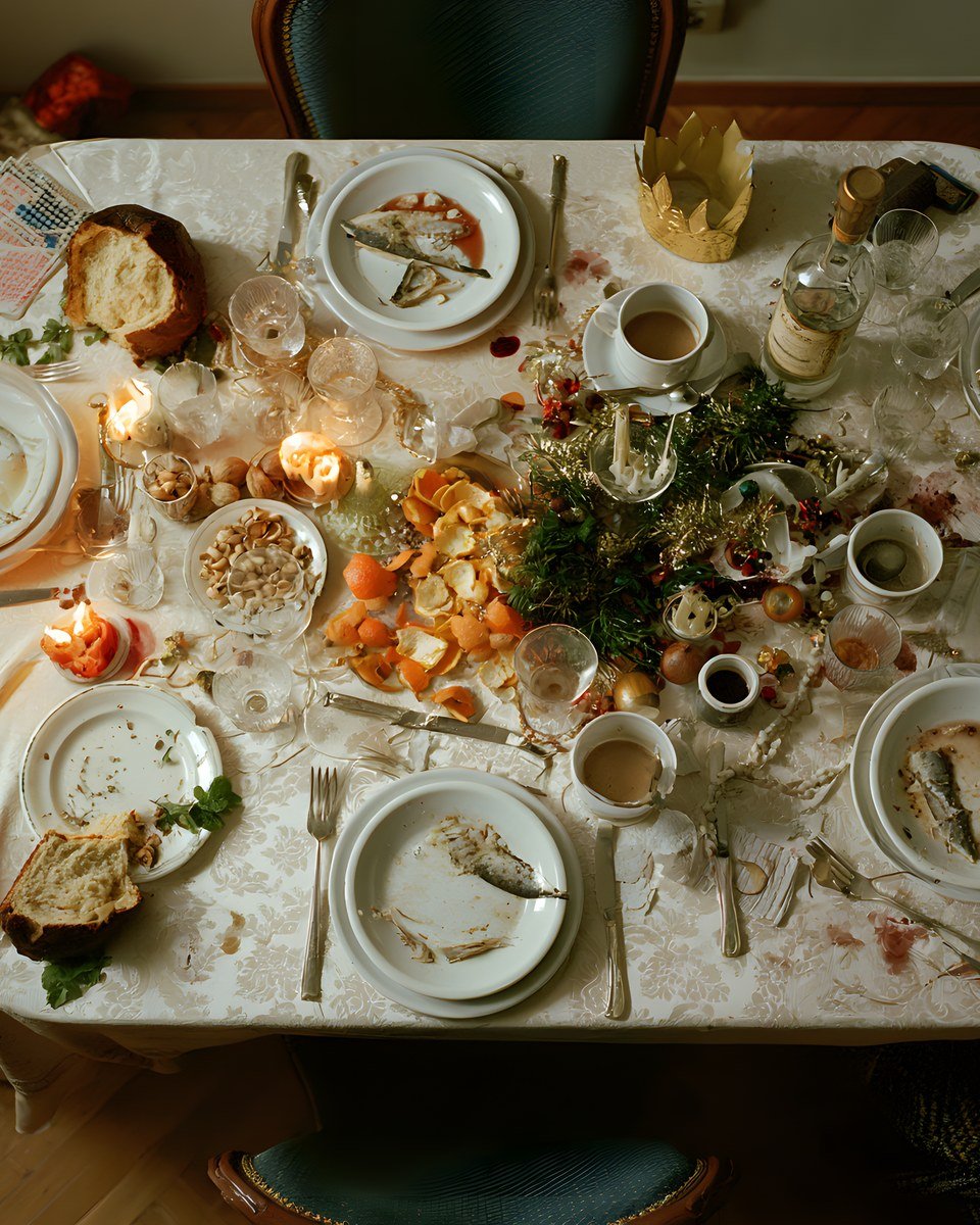 Cena di Natale, A Tavola art print by Misprint. Past midnight. Tombola. Someone is still on the panettone.