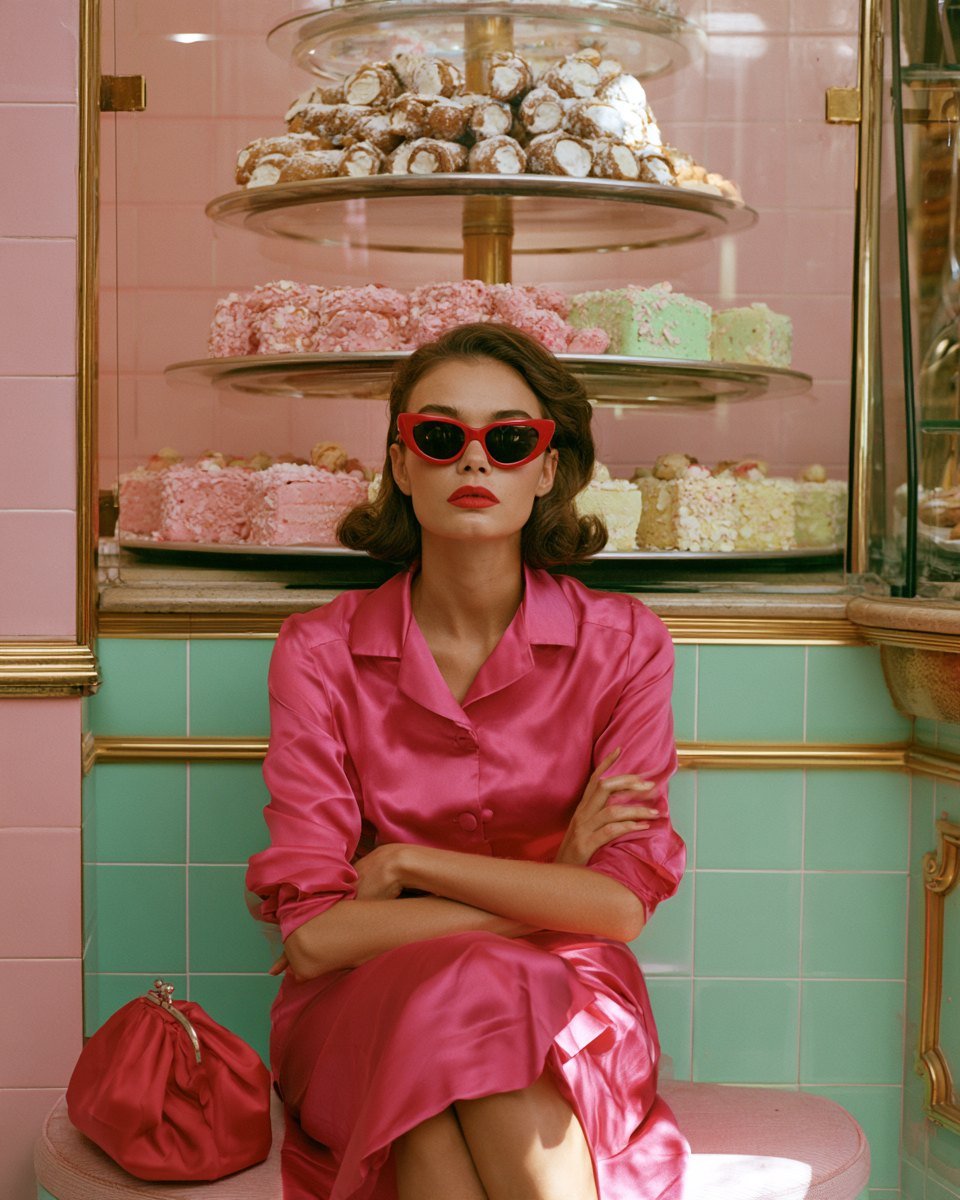 La Pasticcera, Overdressed & Underwhelmed art print by Misprint. Arms crossed. The cannoli are not for you.