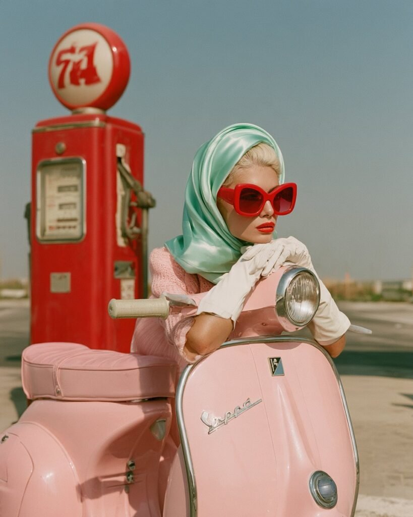 La Vespa, Overdressed & Underwhelmed art print by Misprint. Full tank. No plans. Excellent scarf.