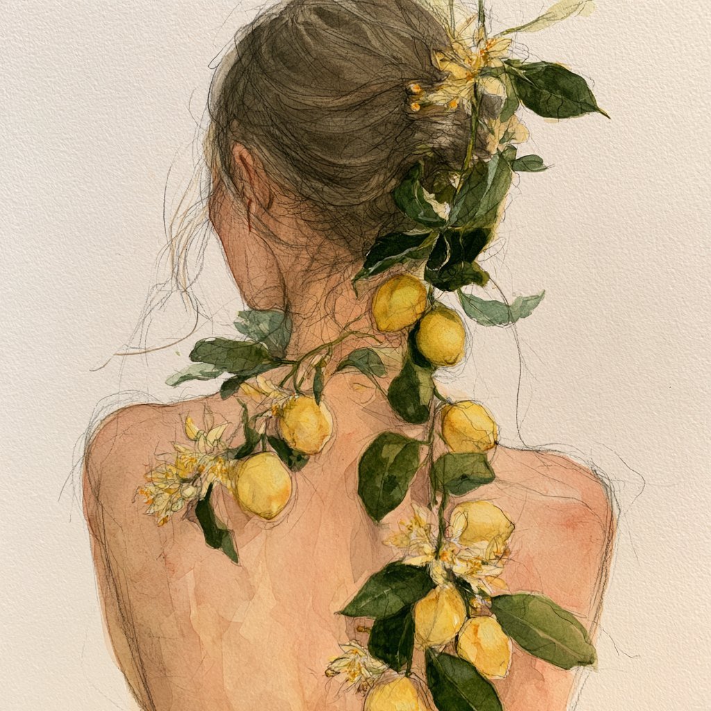 Limoni, Slow Bloom art print by Misprint. Lemon branches where the hair pins should be.