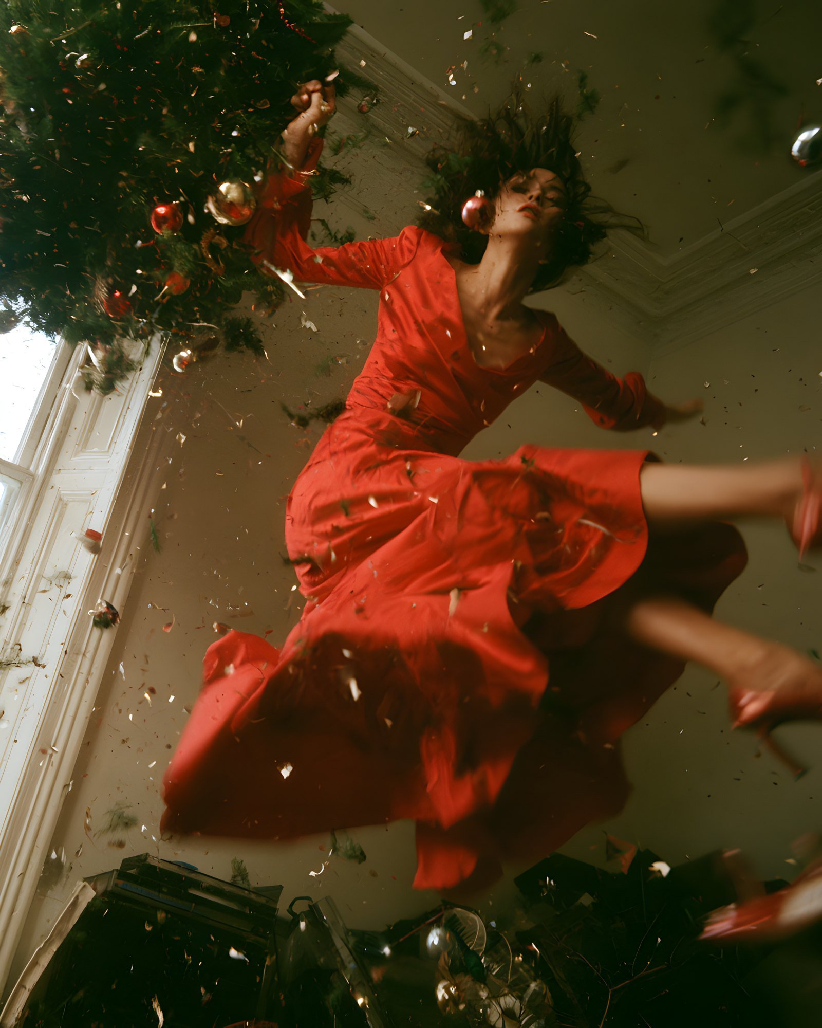 Mariah. art print, a woman in a red dress falling with the Christmas tree