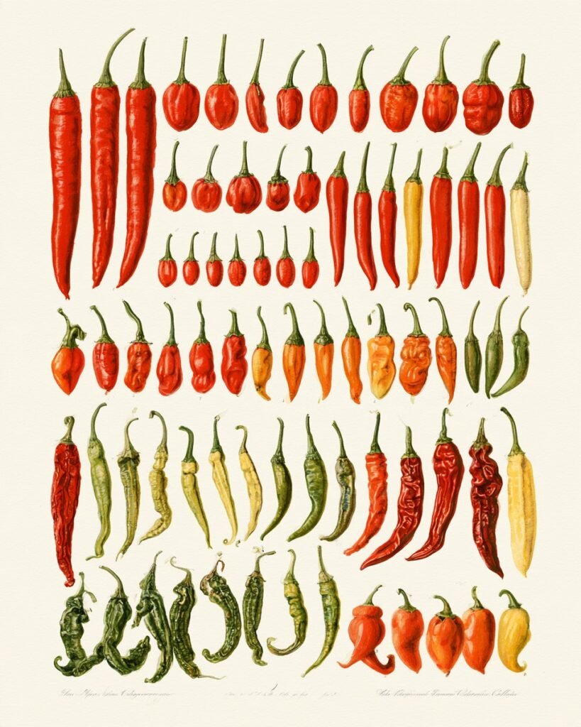 Peperoncini, A Tavola art print by Misprint. Every chilli worth knowing, and a few to avoid.