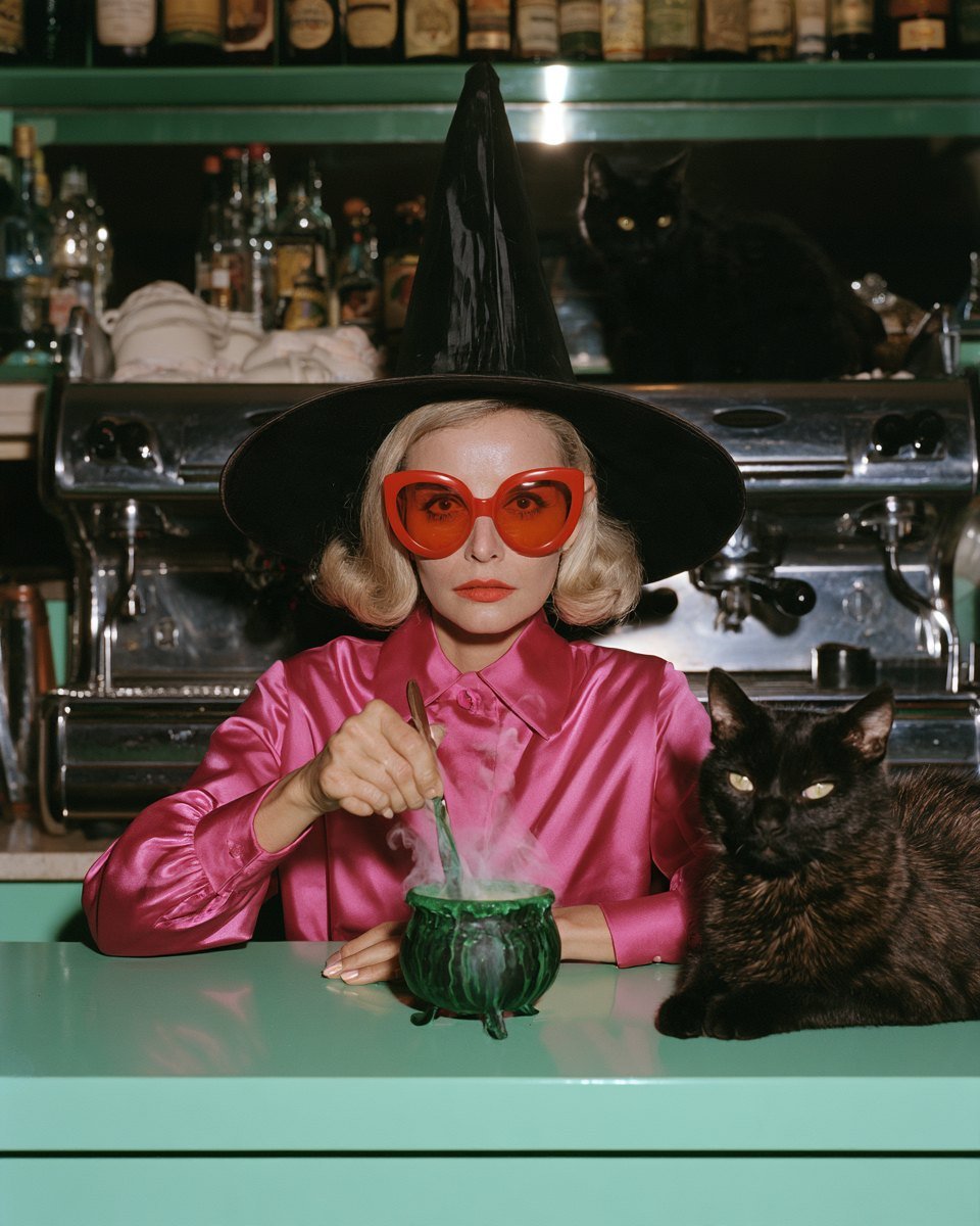Samson and Sabrina circa 1962, Halloween art print by Misprint. A witch. A cat. An espresso that bubbles.