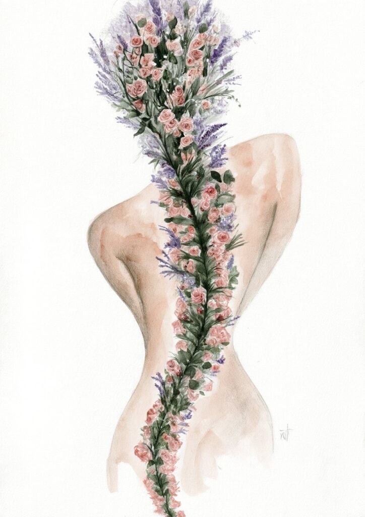 The Braid, Slow Bloom art print by Misprint. Roses and lavender braided down the spine.
