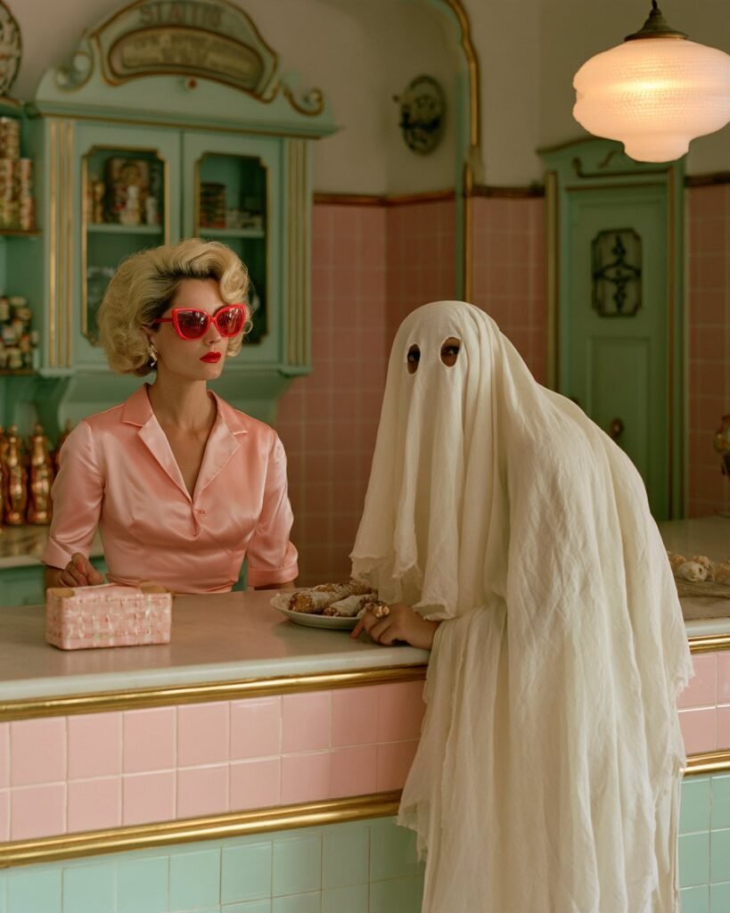 The Usual Please, Halloween art print by Misprint. Same ghost and same cannolo every Friday.